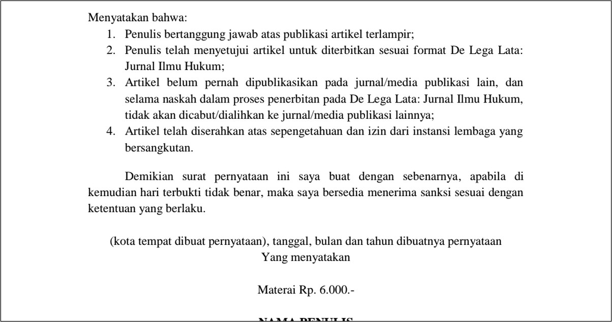 Contoh Surat Pernyataan Bahwa Artikel Belum Pernah Dipublikasikan