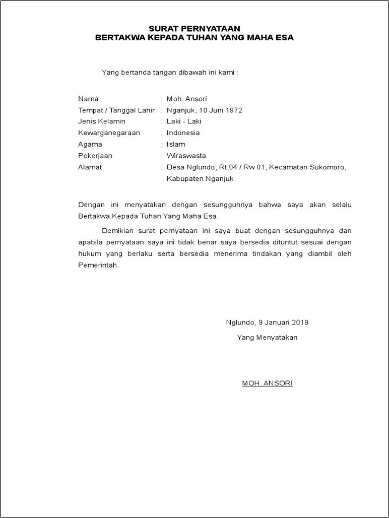 Contoh Surat Pernyataan Bahwa Bertaqwa Kepada Tuhan Yang Maha Esa