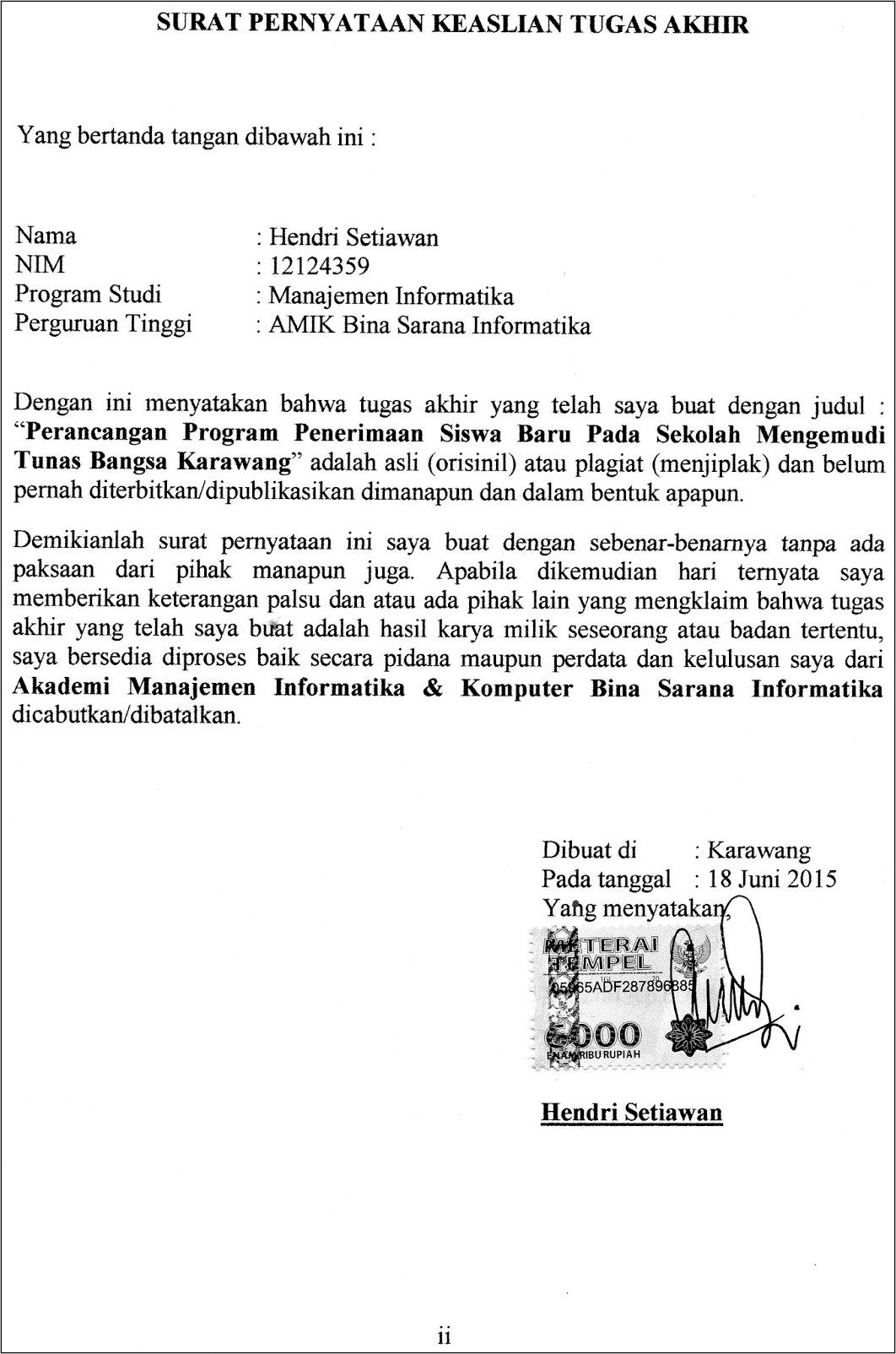 Contoh Surat Pernyataan Bahwa Diktat Karya Sendiri