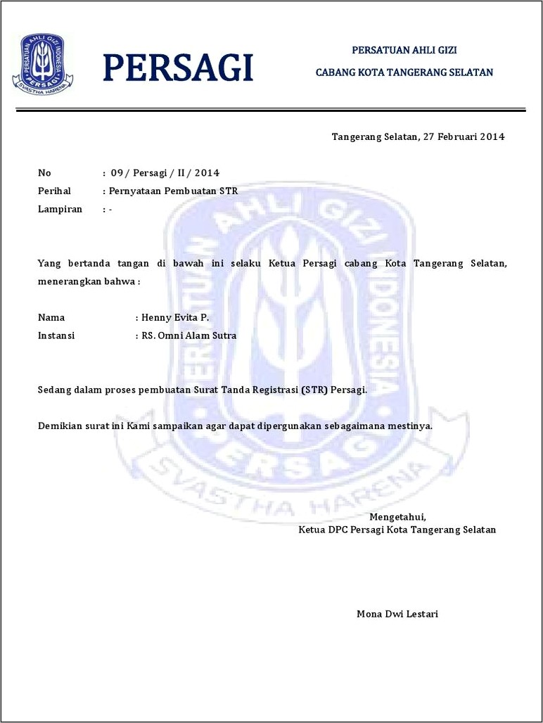 Contoh Surat Pernyataan Bahwa Str Dalam Proses