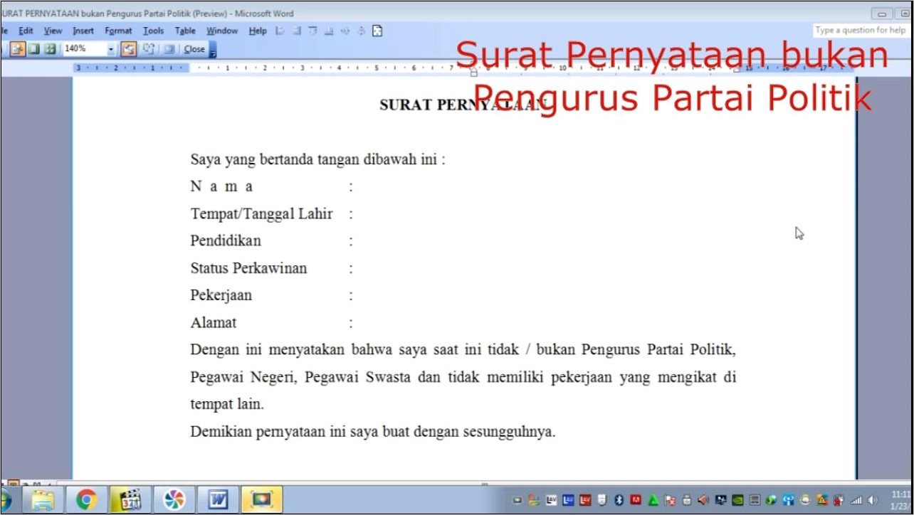 Contoh Surat Pernyataan Bahwa Tda Terlibat Partai Politik