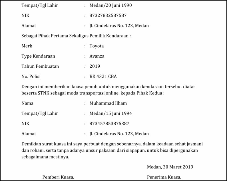 Contoh Surat Pernyataan Balik Nama Mobil