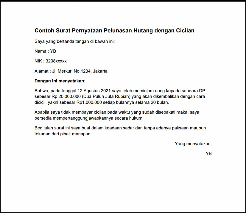 Contoh Surat Pernyataan Bayar Hutang