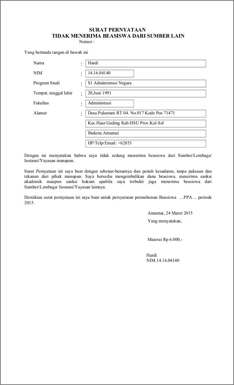 Contoh Surat Pernyataan Beasiswa Kaltim Pdf