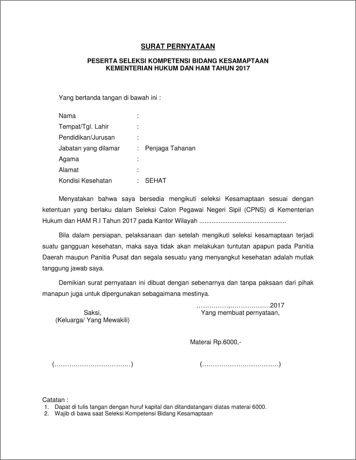 Contoh Surat Pernyataan Bebas Dari Permasalahan Hukum Cpns Kemenag 2019