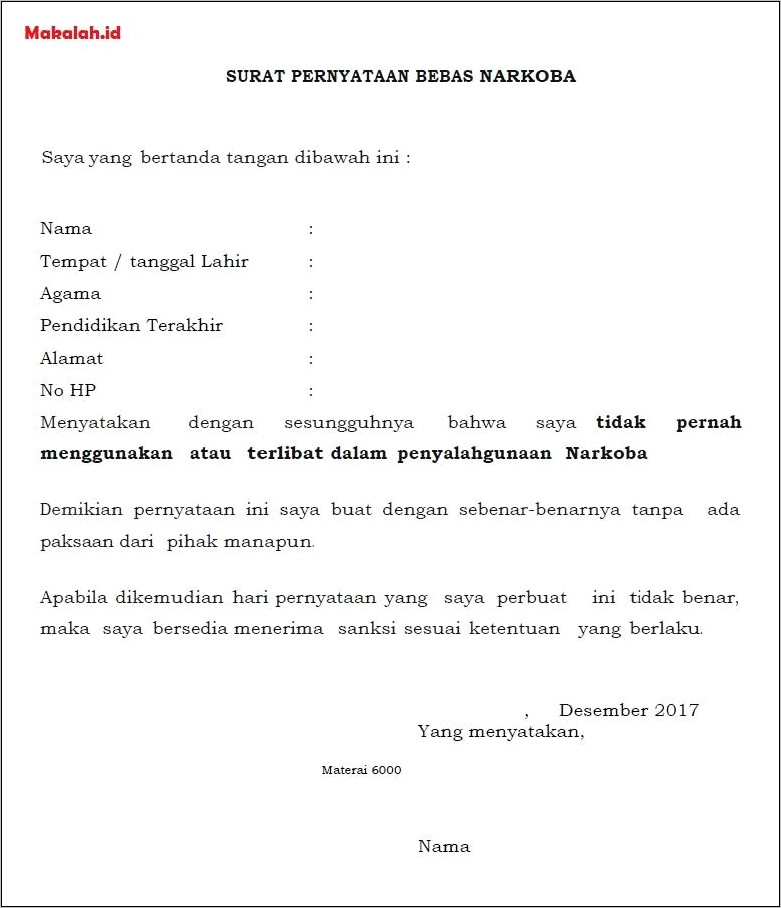 Contoh Surat Pernyataan Bebas Tuntutan Hukum