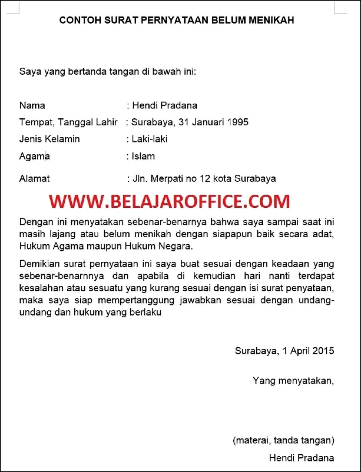 Contoh Surat Pernyataan Belum Beroperasi