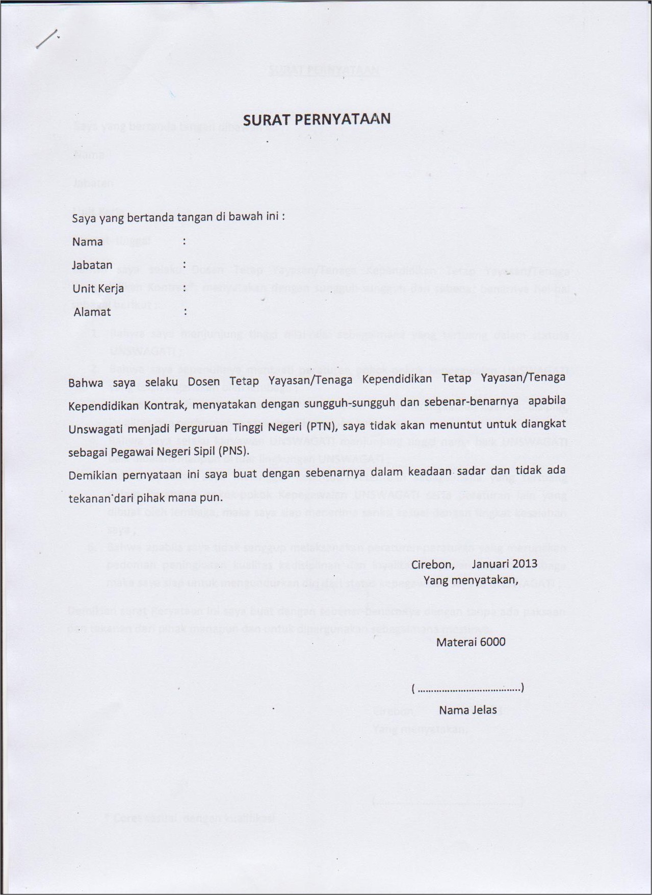 Contoh Surat Pernyataan Belum Memiliki Nidn