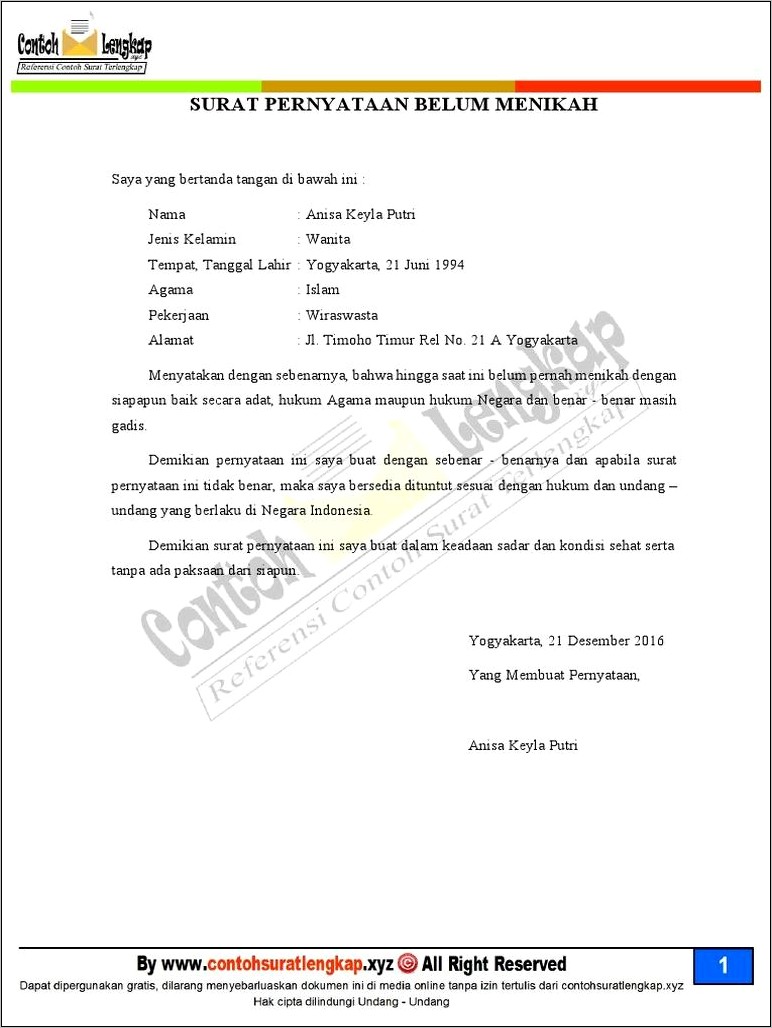 Contoh Surat Pernyataan Belum Menikah 2018