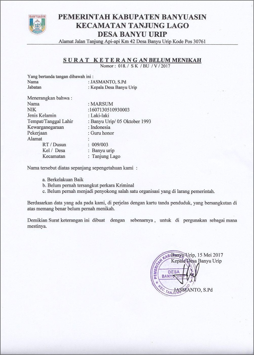 Contoh Surat Pernyataan Belum Menikah Dan Bersedia Tidak Menikah Doc