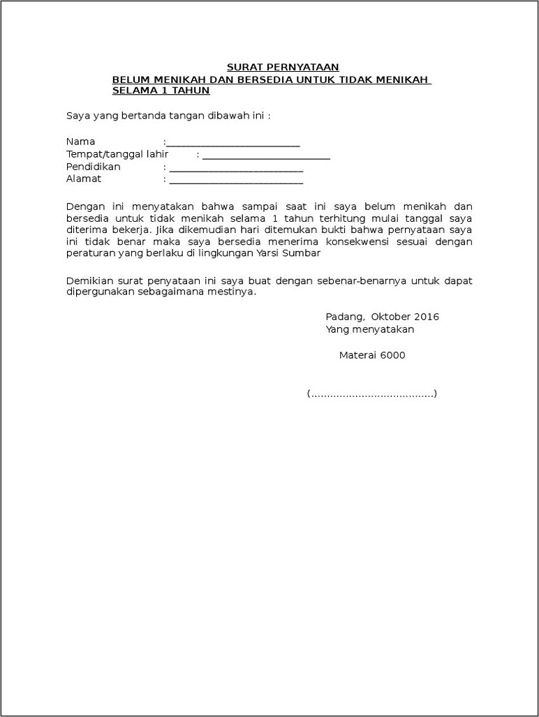 Contoh Surat Pernyataan Belum Menikah Dan Tidak Akan Menikah