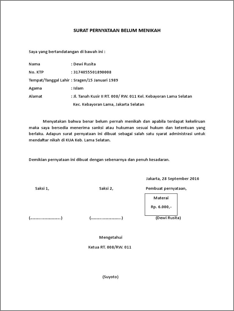Contoh Surat Pernyataan Belum Menikah Tanda Tangan Rt Rw Pdf