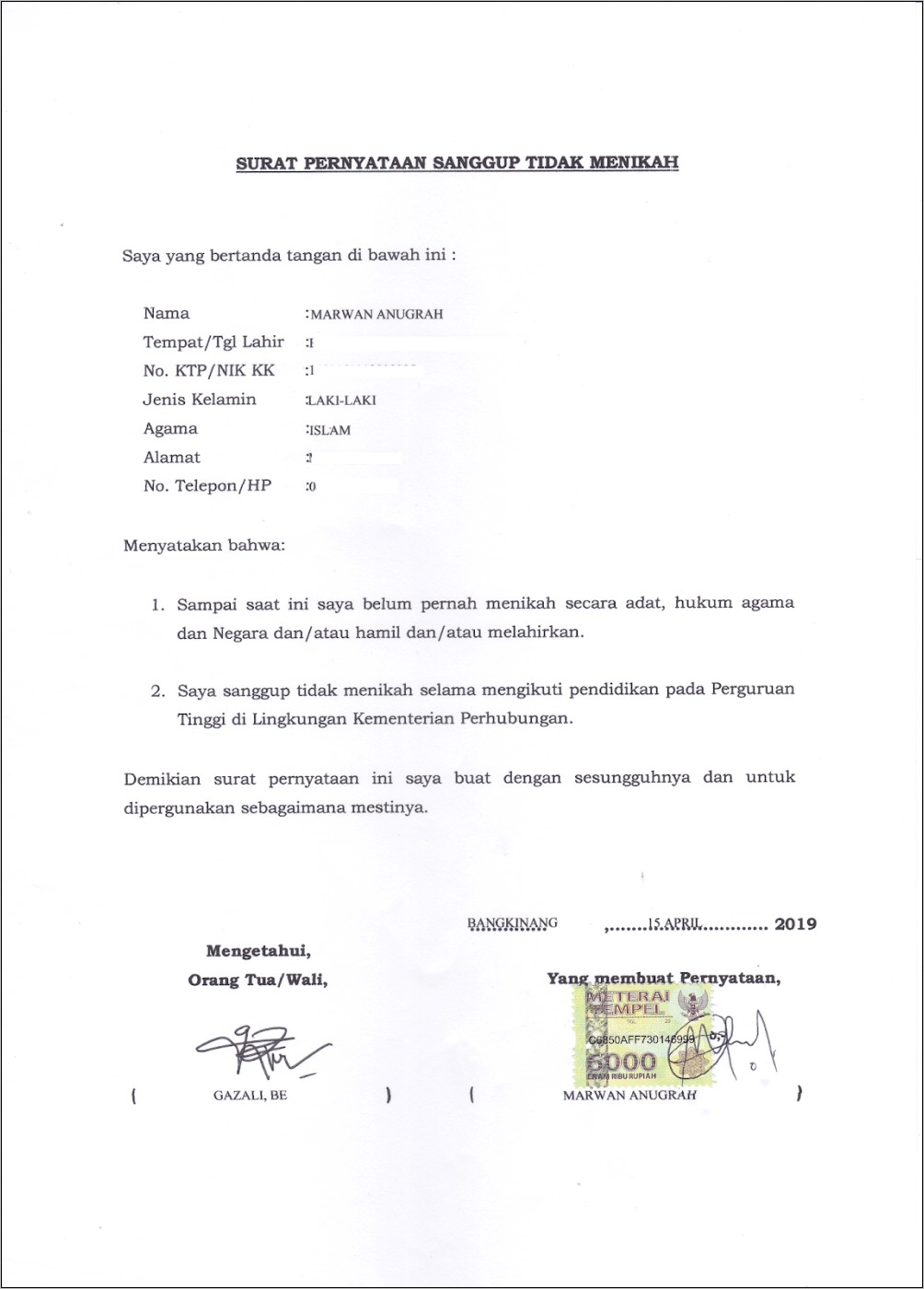 Contoh Surat Pernyataan Belum Menikah Tulis Tangan