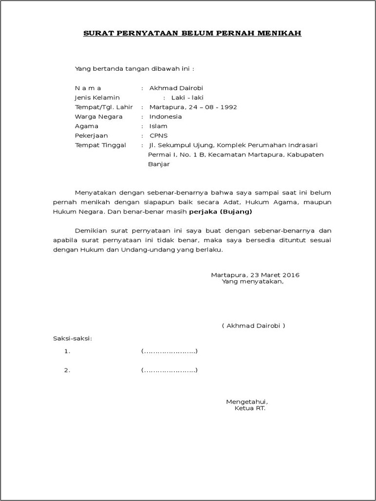 Contoh Surat Pernyataan Belum Menikah Tulisan Tangan