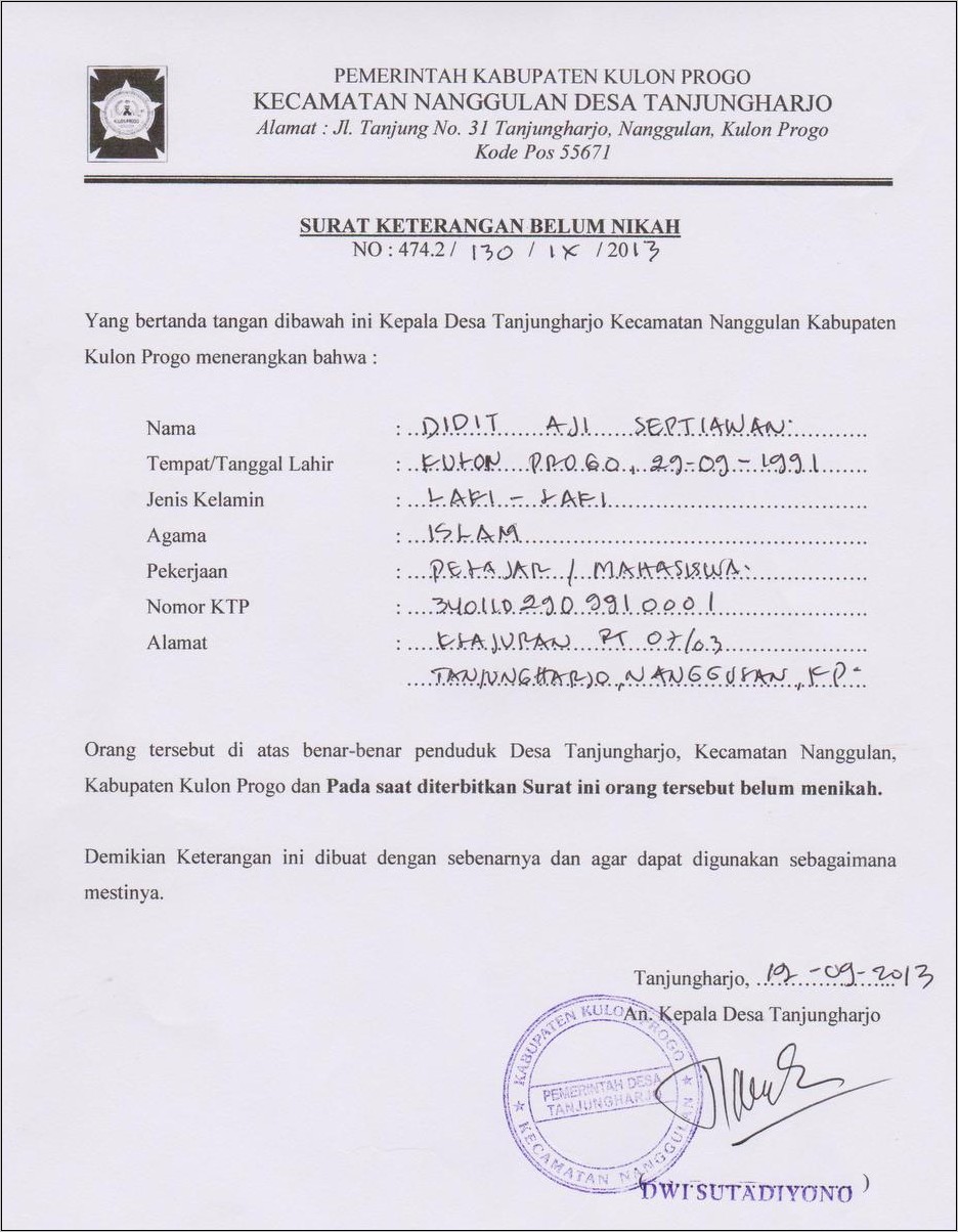 Contoh Surat Pernyataan Belum Menikah Untuk Menikah