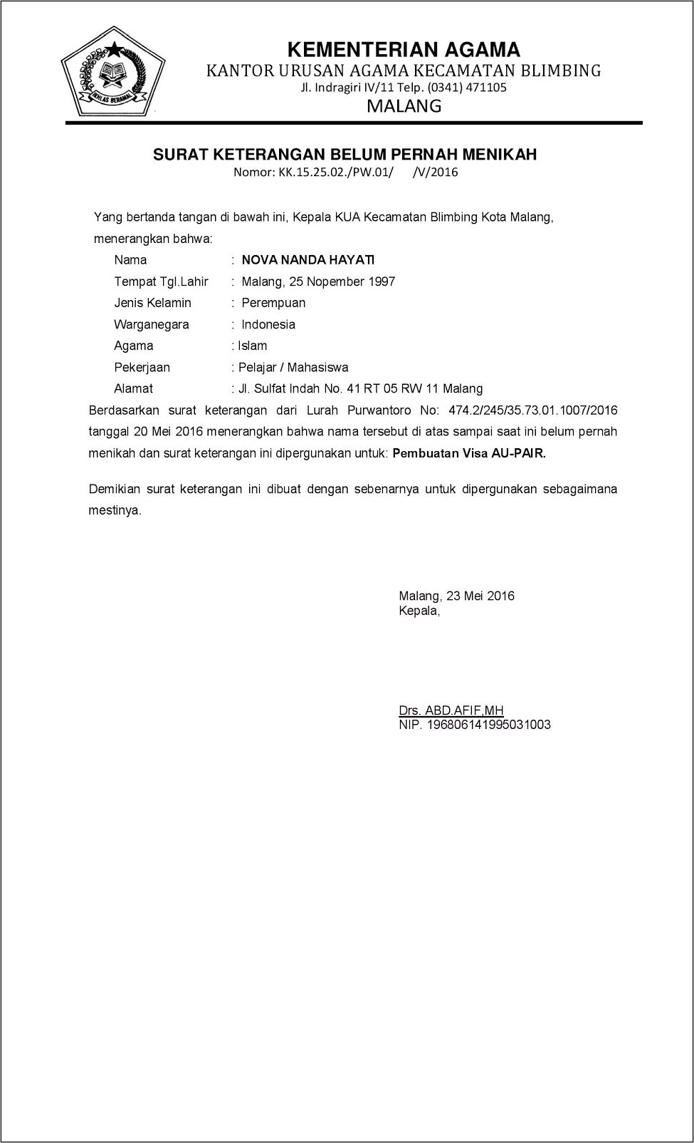 Contoh Surat Pernyataan Belum Menikah Untuk Pendaftaran Taruna Pip Semarang