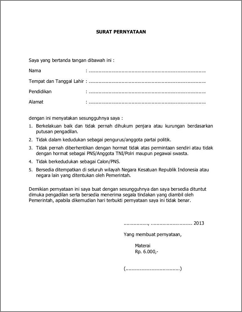 Contoh Surat Pernyataan Belum Perna Di Penjara