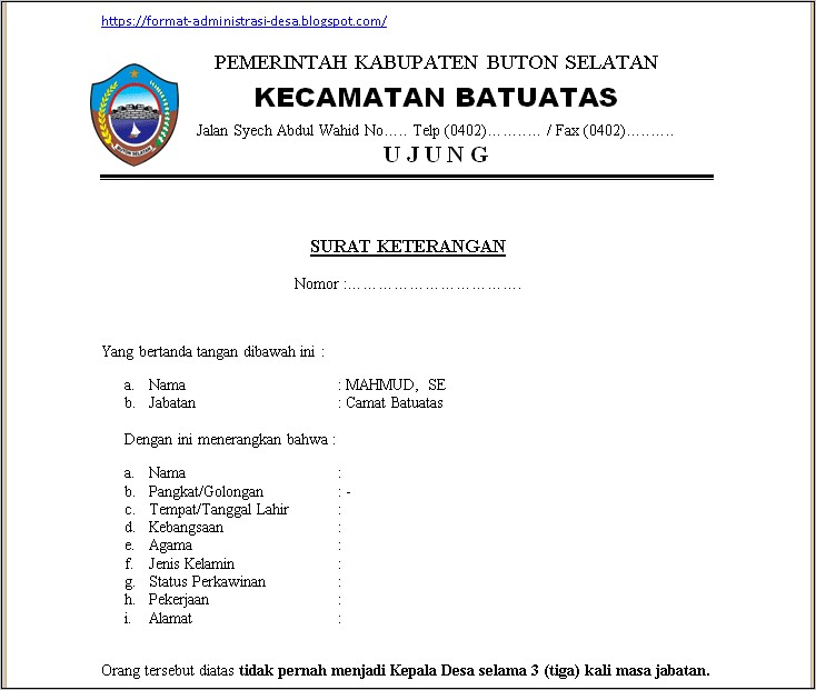 Contoh Surat Pernyataan Belum Pernah Menjadi Kepala Desa