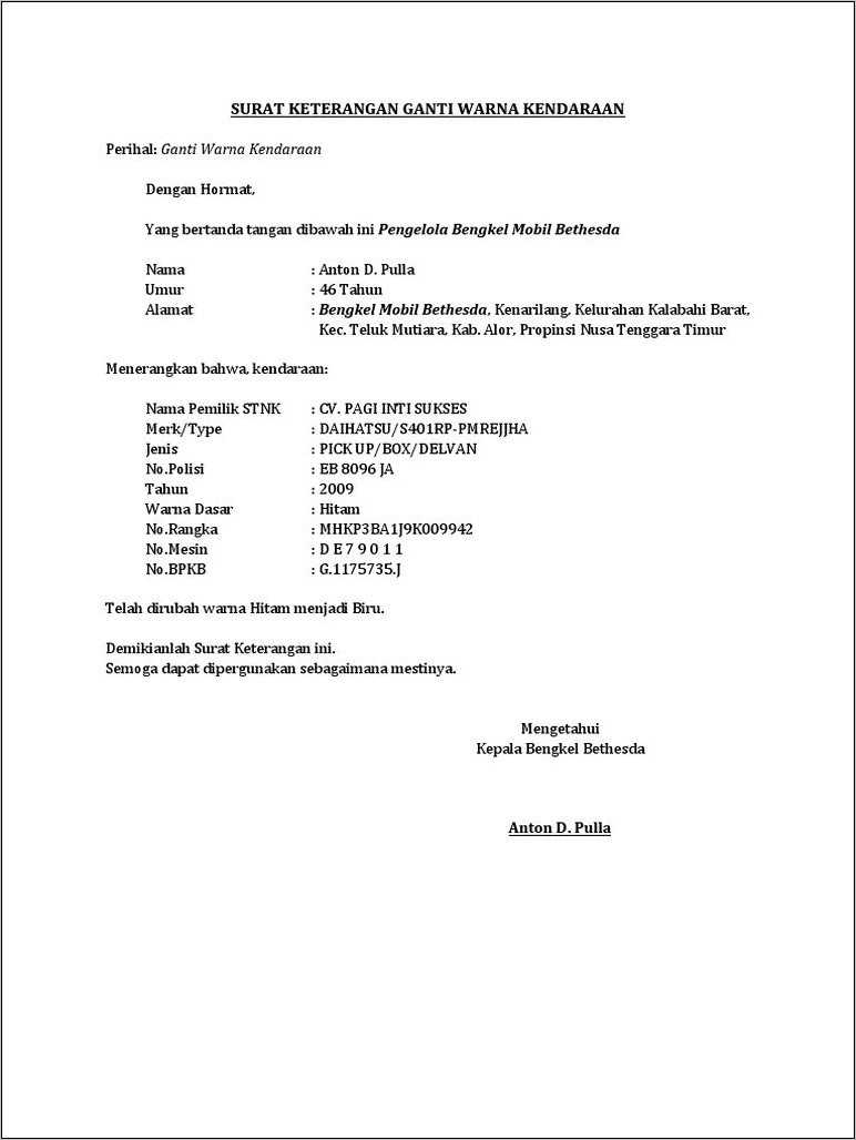 Contoh Surat Pernyataan Bengkel
