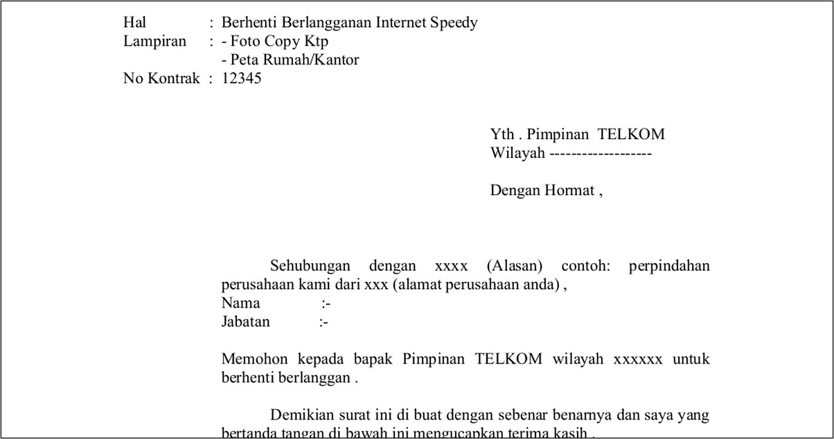 Contoh Surat Pernyataan Berhenti Berlangganan Speedy Surat Lamaran