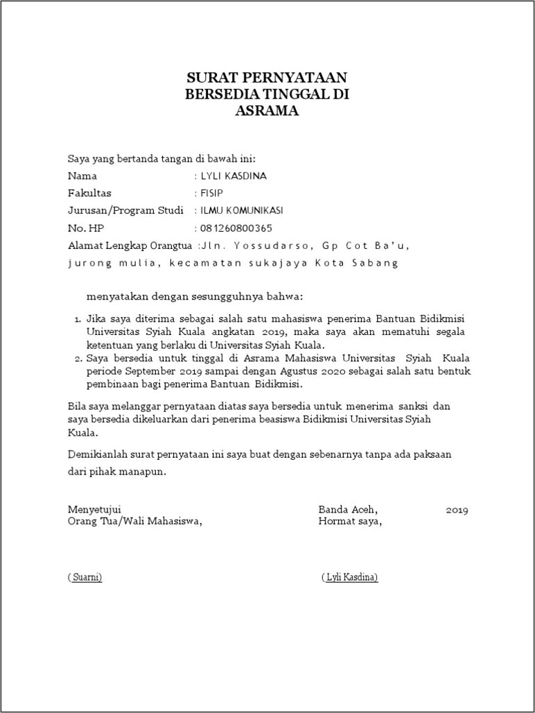 Contoh Surat Pernyataan Berkeberatan Penanggung Jawab Asrama