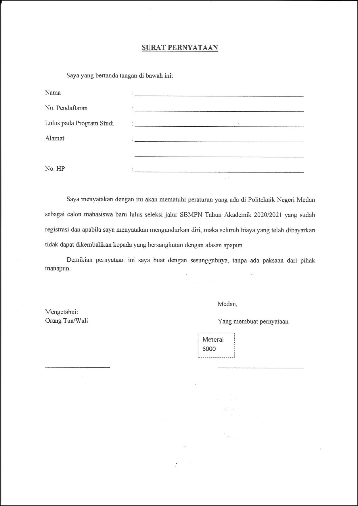 Contoh Surat Pernyataan Bermaterai 6000