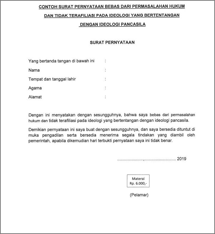Contoh Surat Pernyataan Bermaterai Siap Ditangkap
