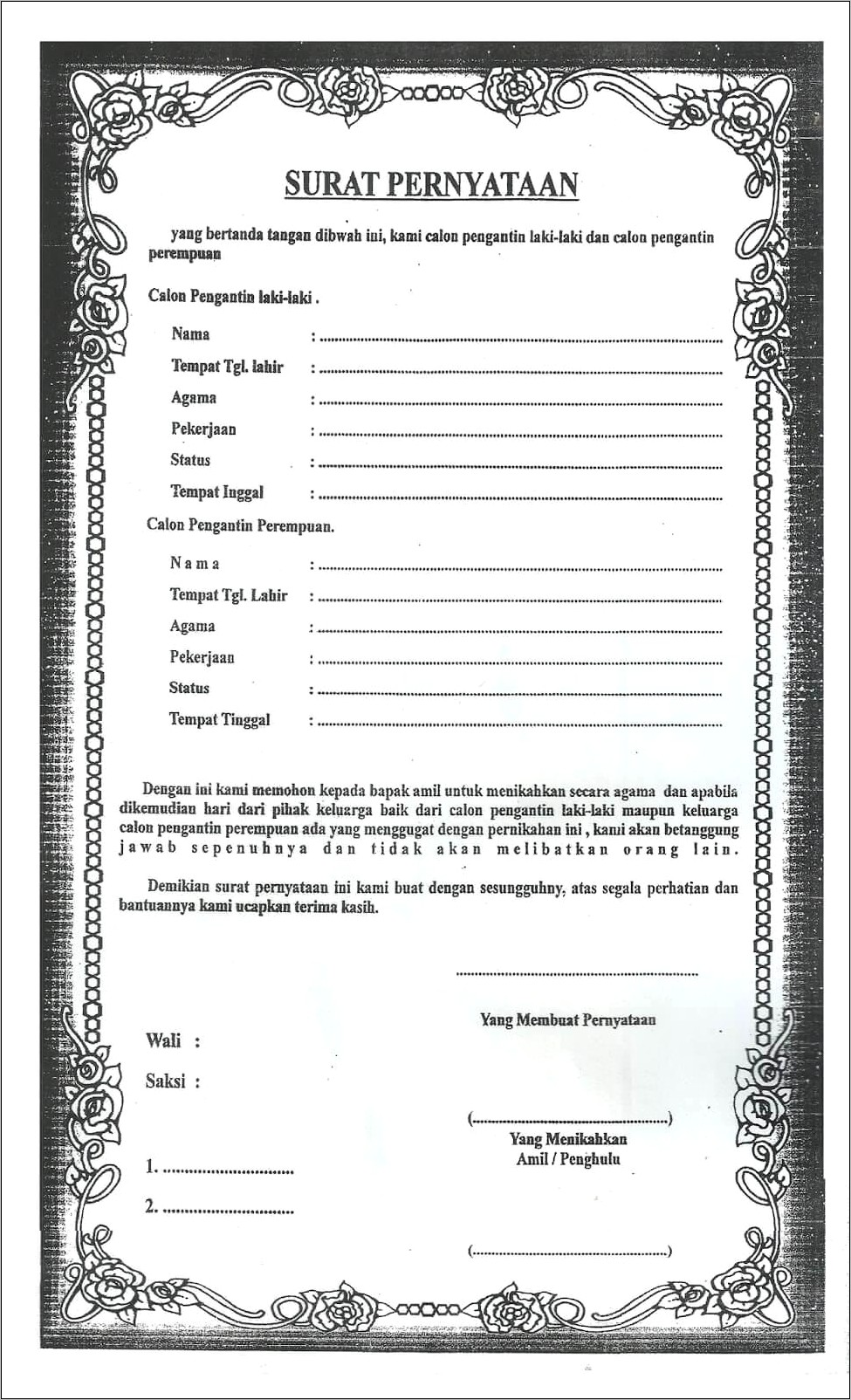Contoh Surat Pernyataan Bersama Nikah