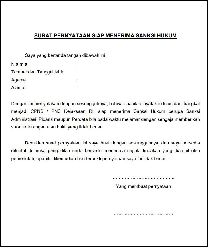 Contoh Surat Pernyataan Bersedia Di Temoatkan Untuk Cpns Kemenag