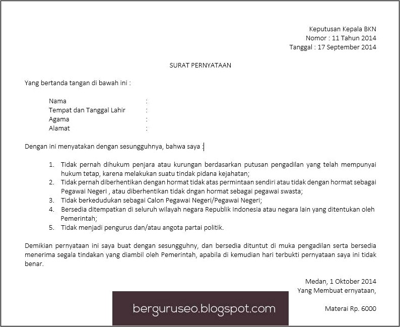 Contoh Surat Pernyataan Bersedia Dibantu Kegiatan