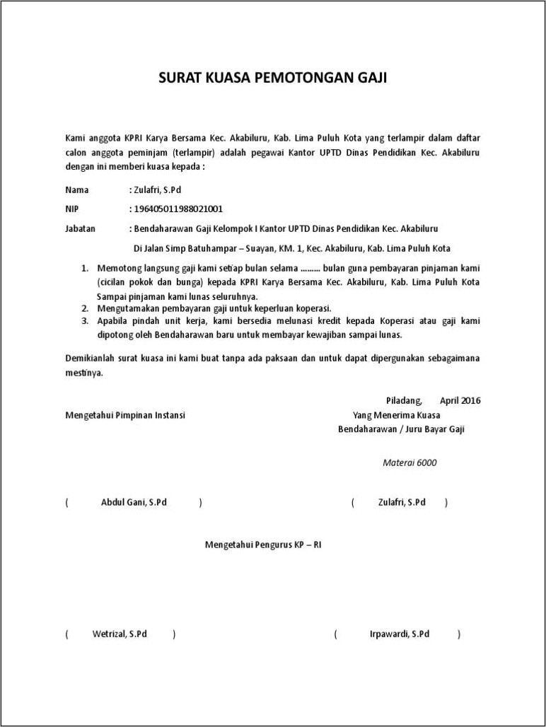 Contoh Surat Pernyataan Bersedia Dipotong Gaji