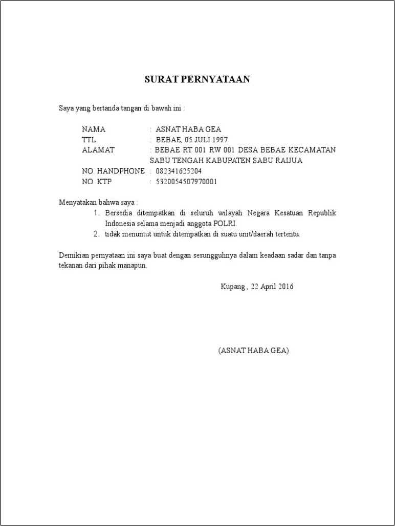 Contoh Surat Pernyataan Bersedia Ditempatkan Di Seluruh Indonesia Cpns