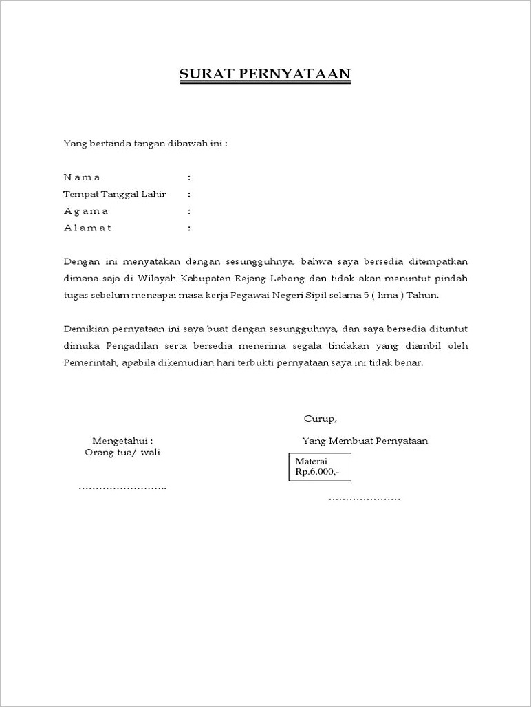 Contoh Surat Pernyataan Bersedia Ditempatkan Di Wilayah Pendampingan Upsus
