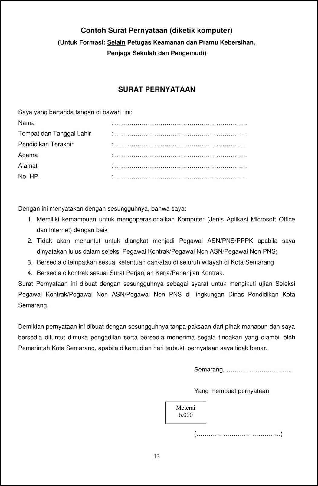 Contoh Surat Pernyataan Bersedia Ditempatkan Diseluruh Kantor Pertanahan