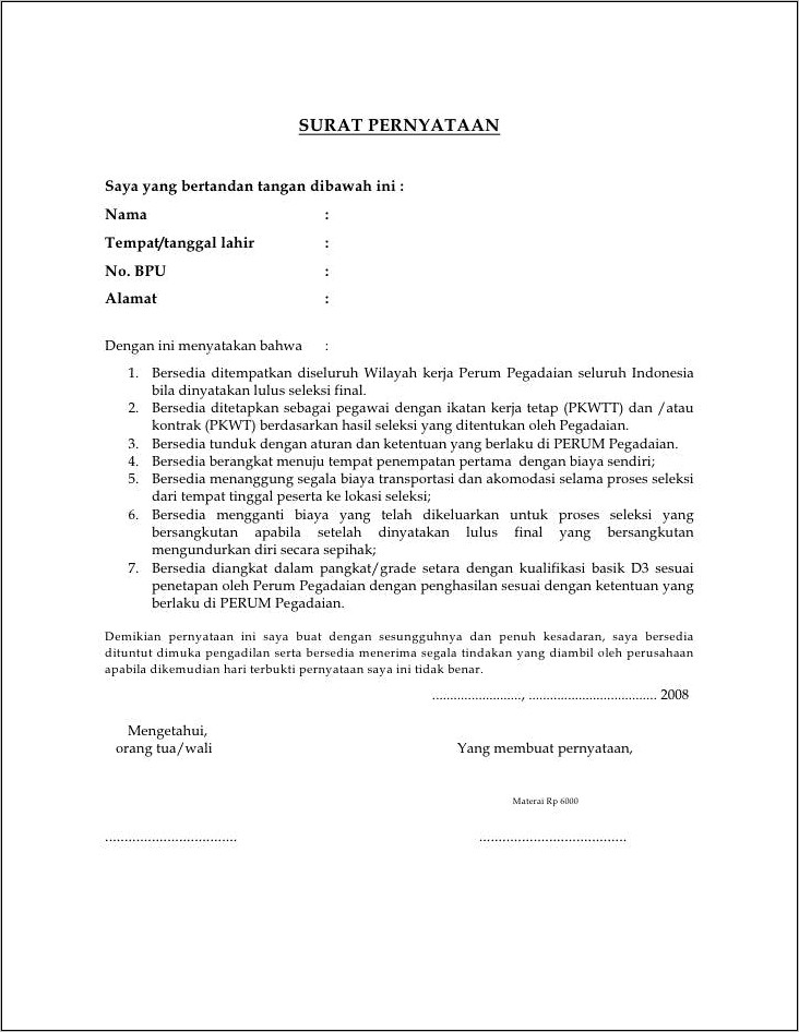Contoh Surat Pernyataan Bersedia Ditempatkan Diseluruh Wilayah Indonesia Cpns