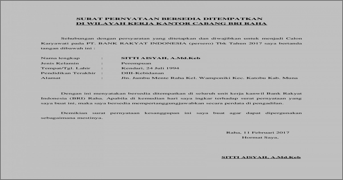 Contoh Surat Pernyataan Bersedia Ditempatkan Diseluruh Wilayah Nkri