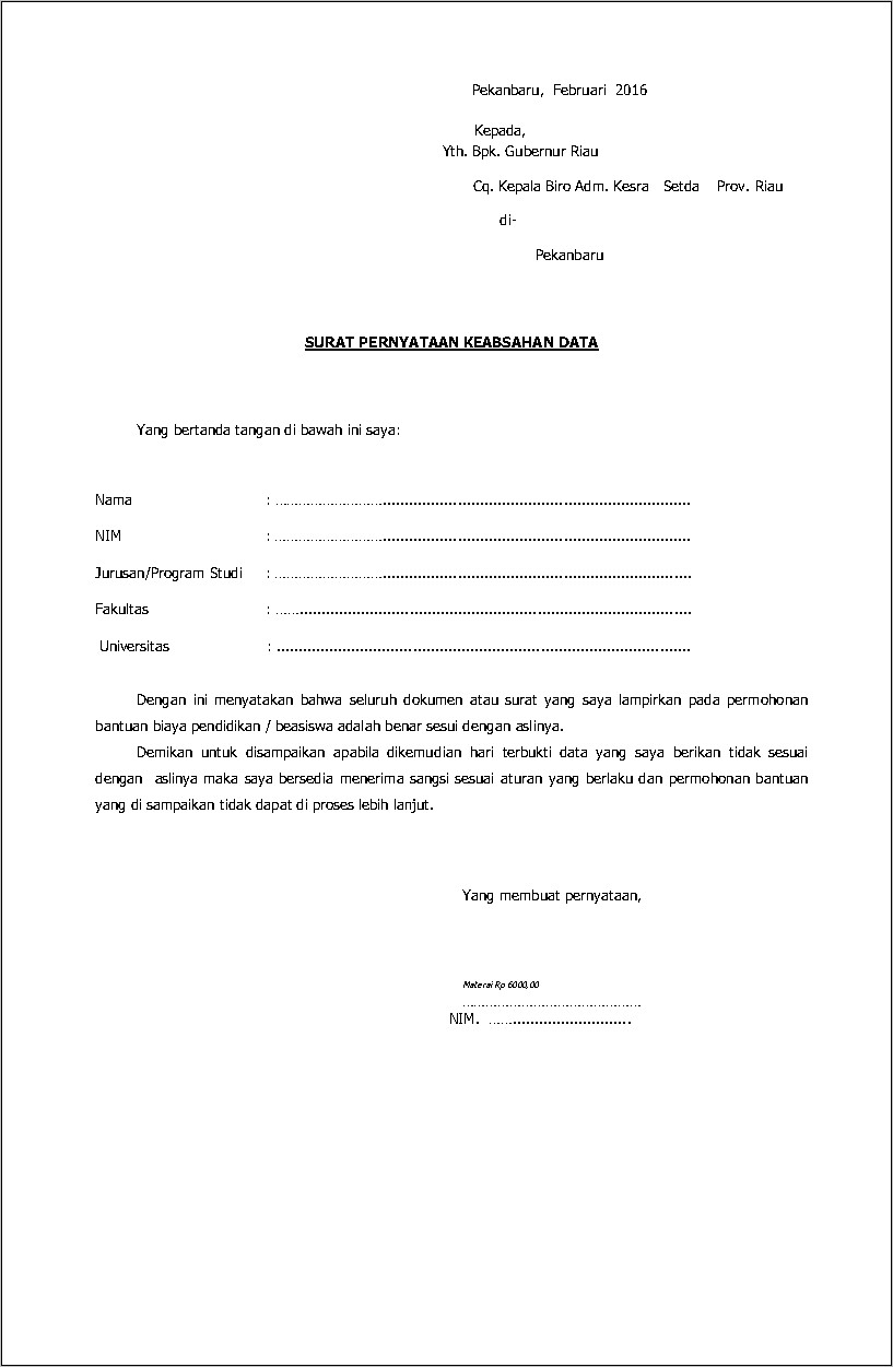 Contoh Surat Pernyataan Bersedia Melengkapi Berkas