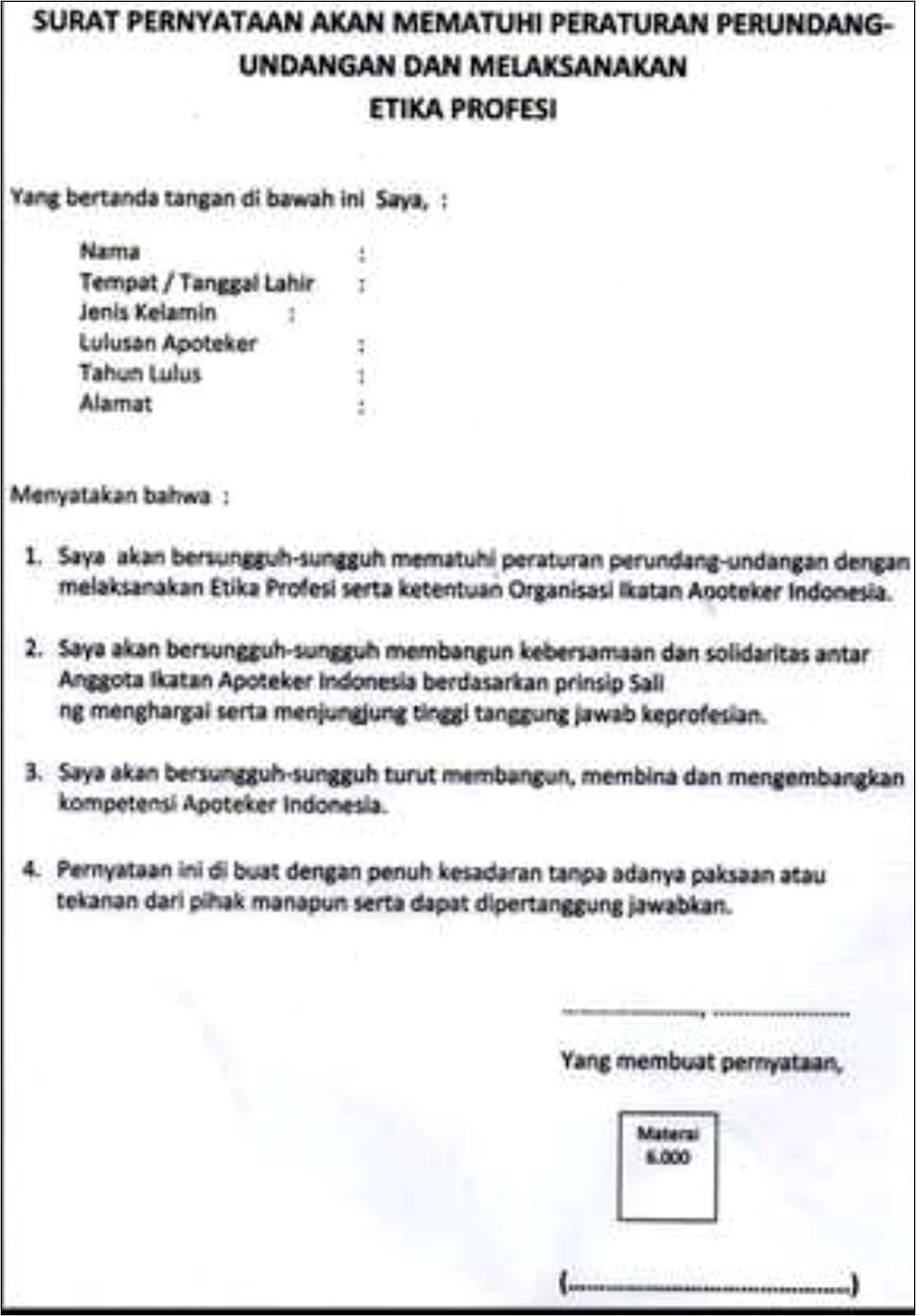 Contoh Surat Pernyataan Bersedia Mematuhi Ketentuan Program Jkn