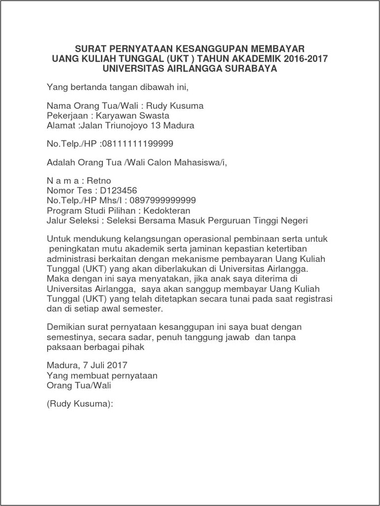 Contoh Surat Pernyataan Bersedia Membayar Angsuran