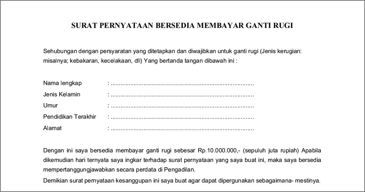 Contoh Surat Pernyataan Bersedia Membayar