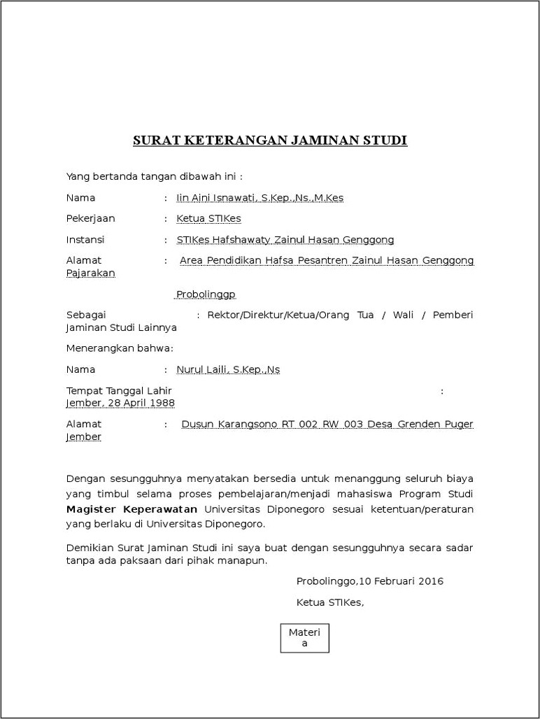 Contoh Surat Pernyataan Bersedia Menaggung Biaya Pendidikan