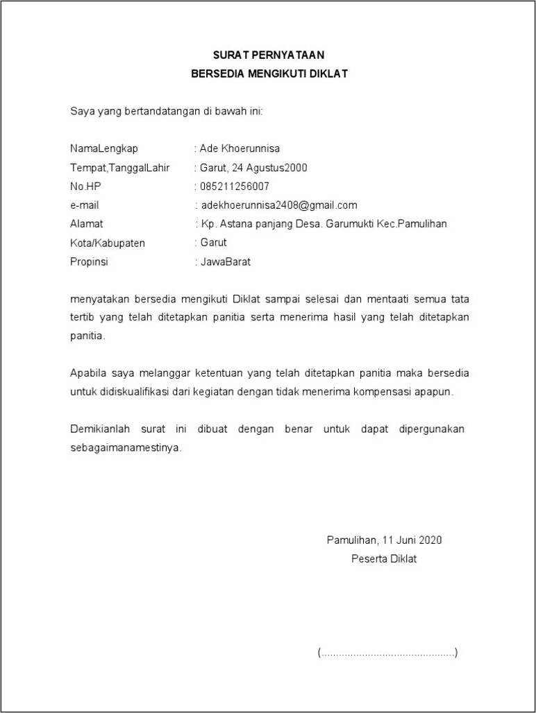 Contoh Surat Pernyataan Bersedia Mengikuti Diklat