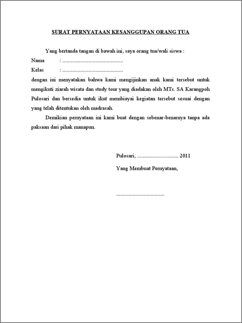 Contoh Surat Pernyataan Bersedia Mengikuti Program Smp Dari Orang Tua