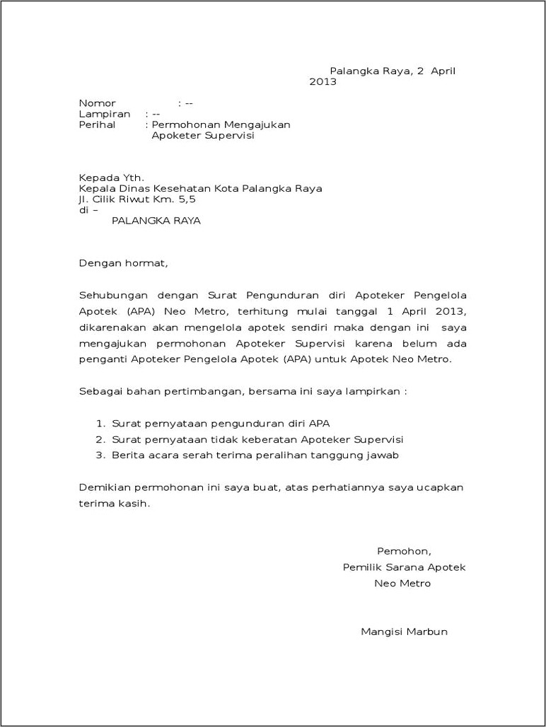 Contoh Surat Pernyataan Bersedia Menjadi Apoteker Penanggung Jawab