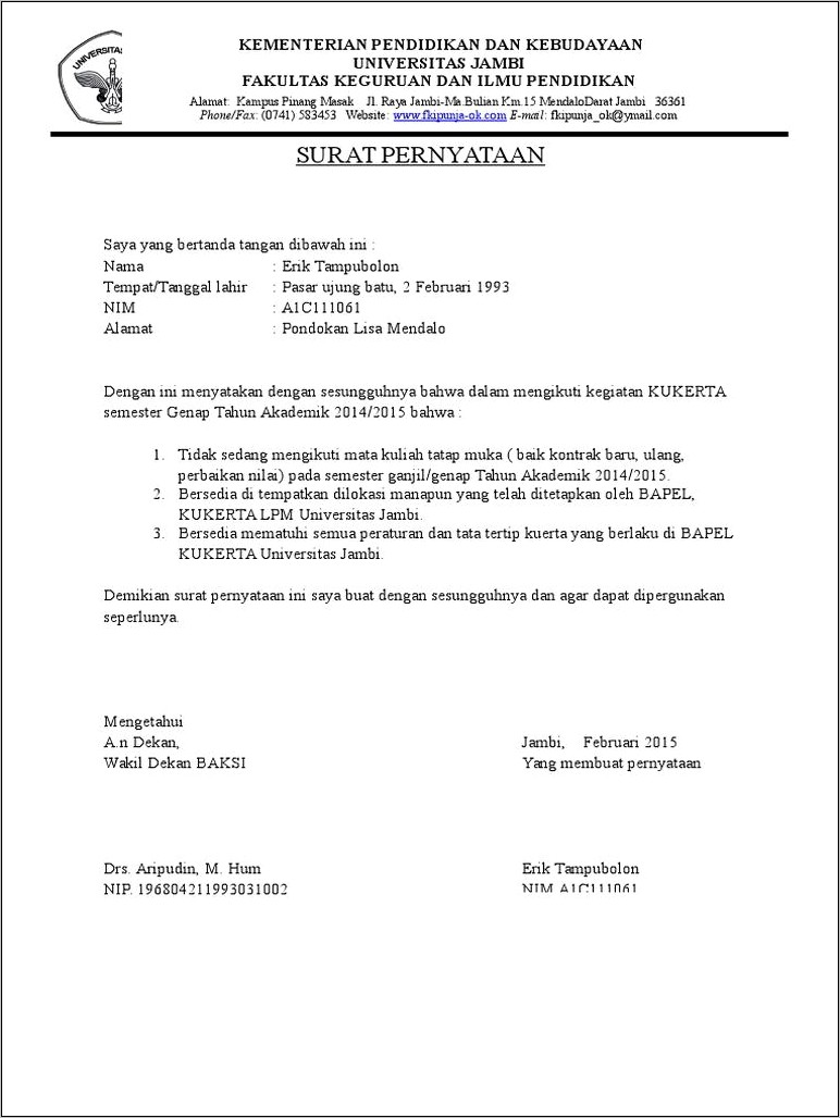 Contoh Surat Pernyataan Bersida Untuk Kuliah