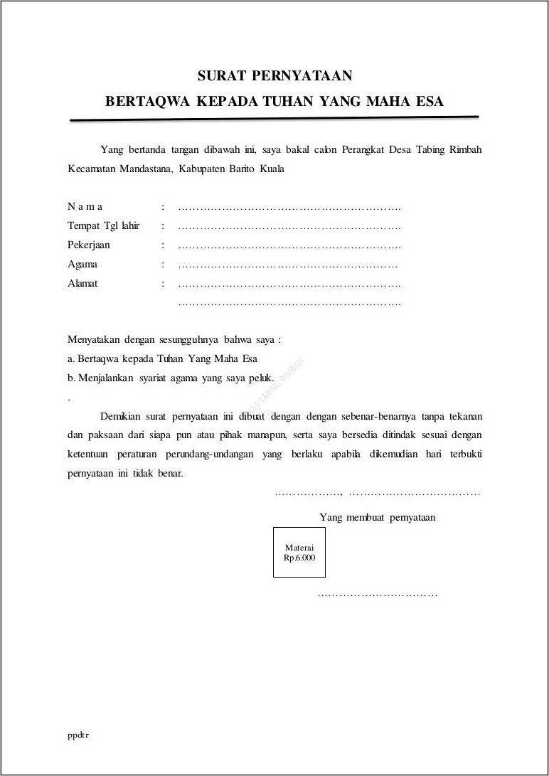 Contoh Surat Pernyataan Bertakwa Terhadap Tuhan Yang Maha Esa
