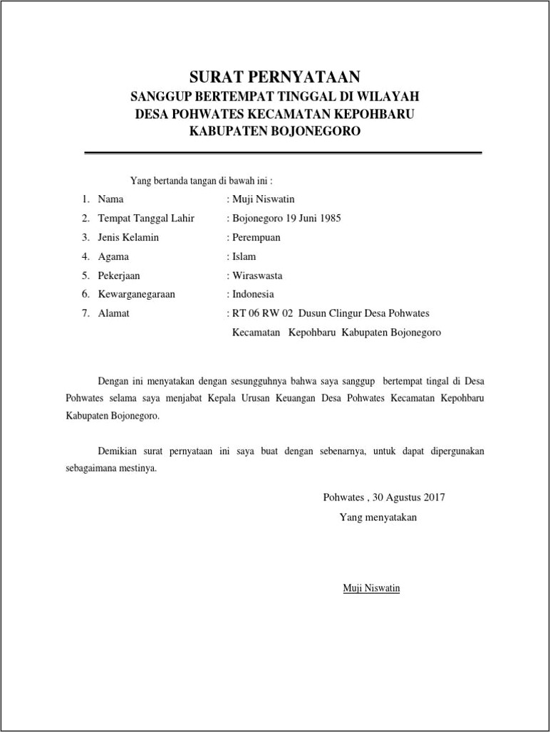 Contoh Surat Pernyataan Bertempat Tinggal