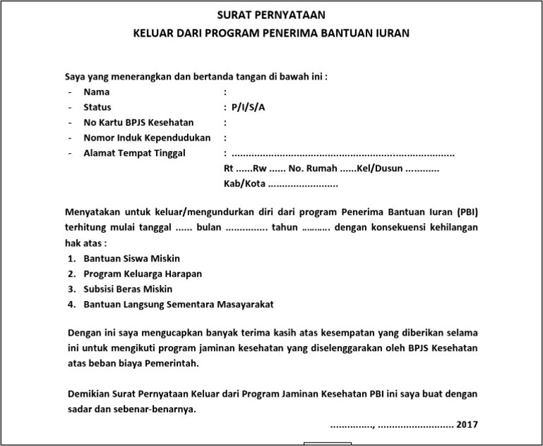 Contoh Surat Pernyataan Bpjs Kesehatan Dipusatkan