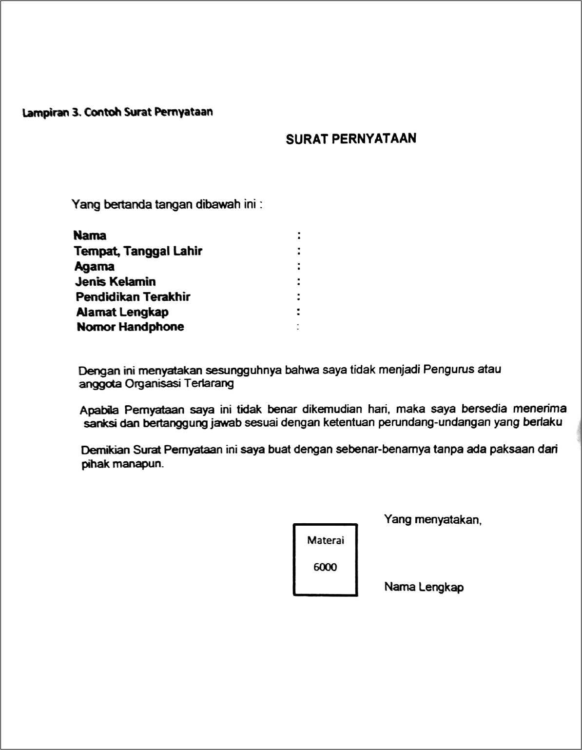 Contoh Surat Pernyataan Bukan Anggota Atau Pengurus Organisasi Terlarang