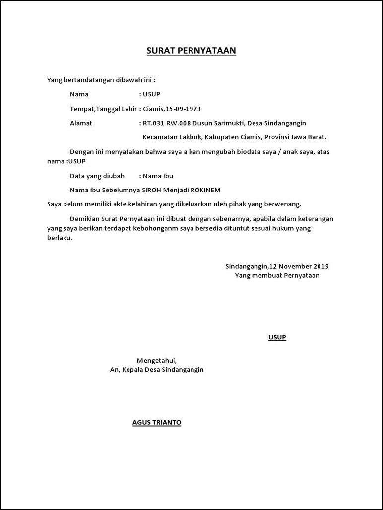 Contoh Surat Pernyataan Bukan Perangkat Desa